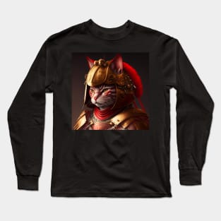 Samurai Cat Warrior Wearing Red and Gold Armor Long Sleeve T-Shirt